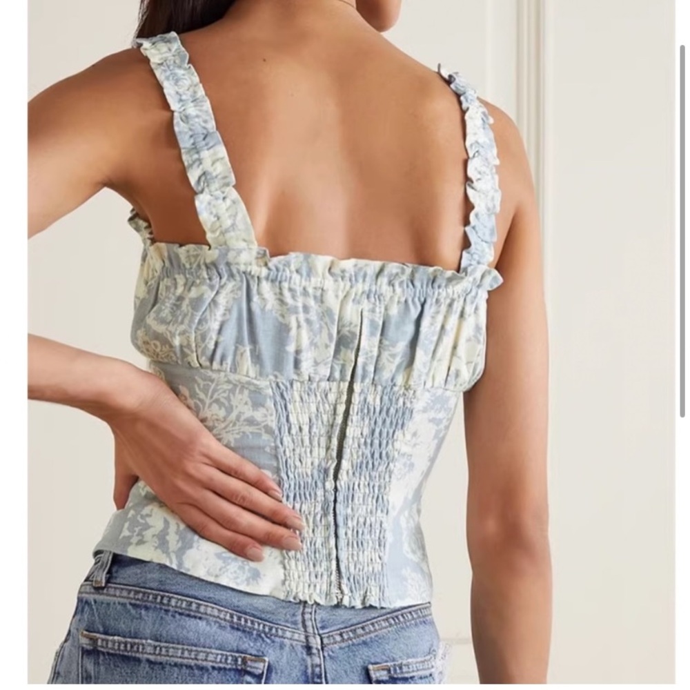 Reformation Blue Floral Smocked Strap Crop Top - 100% linen - Picture 3 of 10